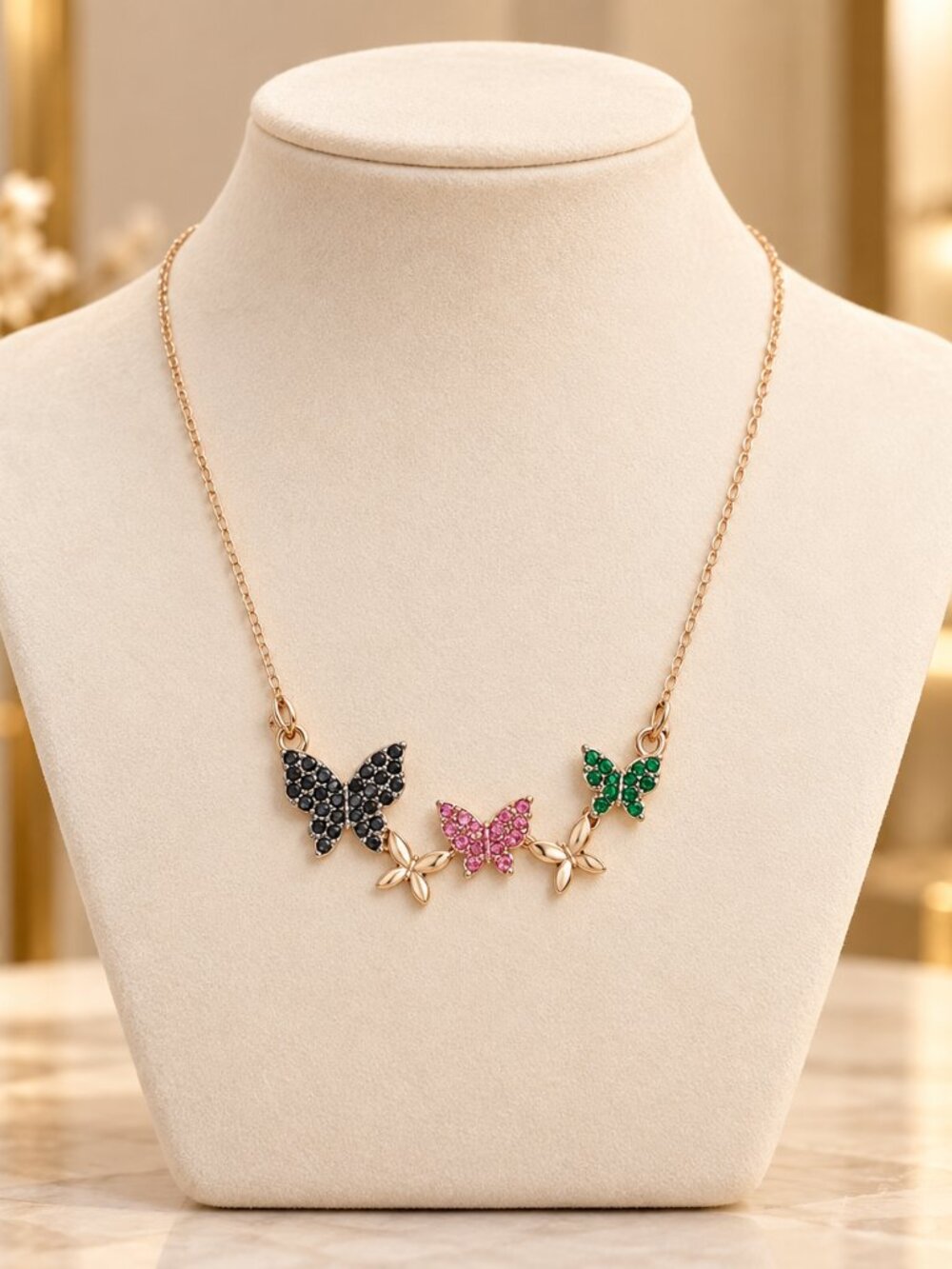 18K Gold Layered Multicolor Crystal Butterfly Pendant Necklace NWT